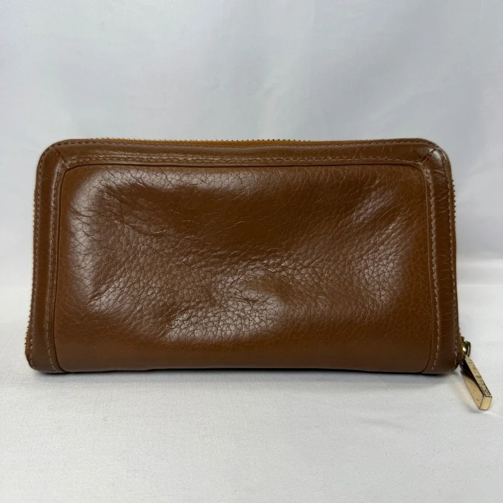 Tory Burch Wallet Womens Brown Miller Zip Continental Pebbled Leather Gold Logo